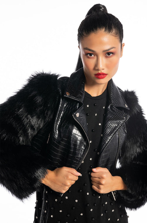 SNATCHED FAUX FUR SLEEVE CROC BODY MOTO JACKET