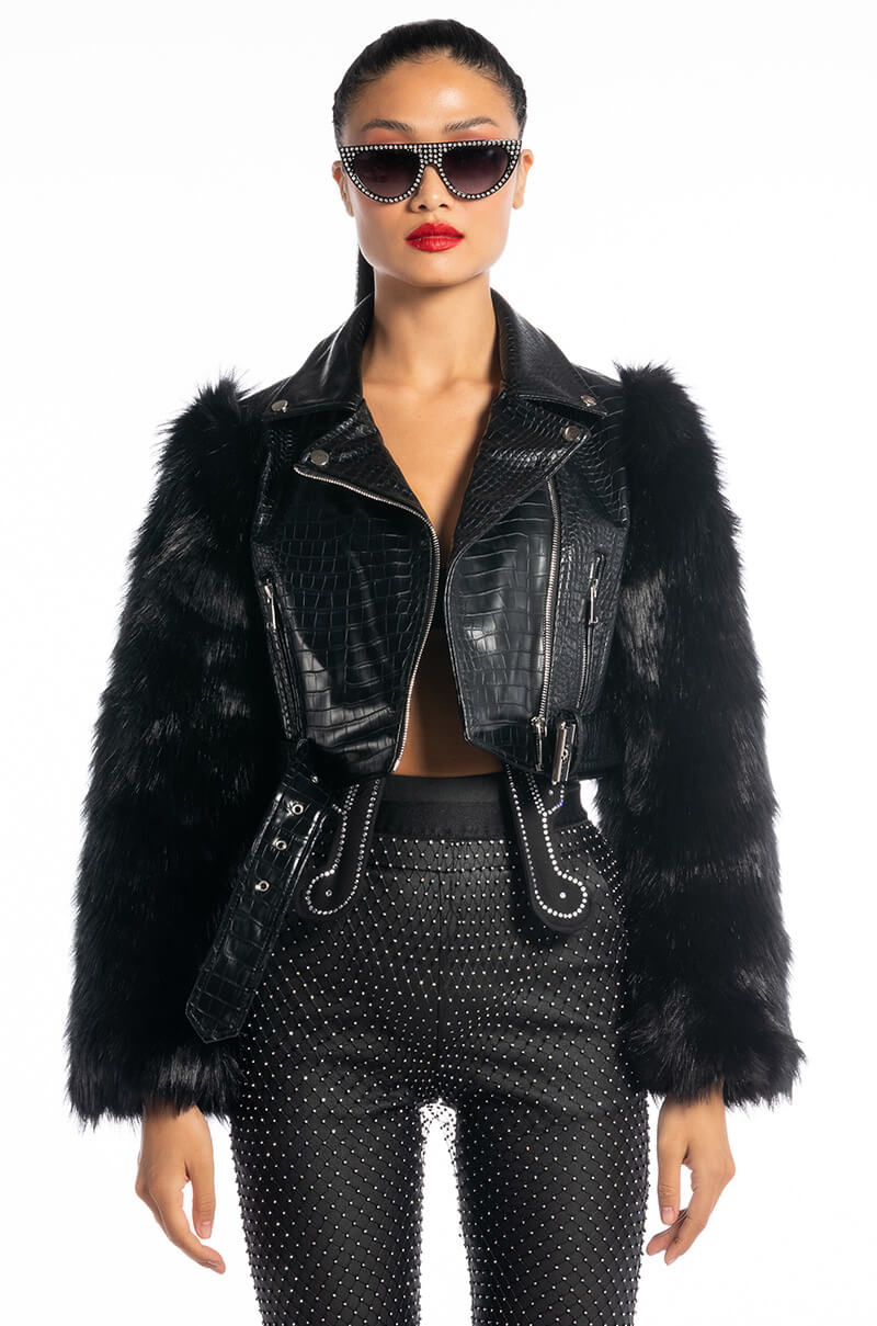 SNATCHED FAUX FUR SLEEVE CROC BODY MOTO JACKET