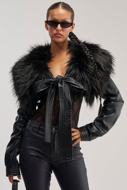 SPEND IT ALL FUR TRIM BOLERO IN BLACK